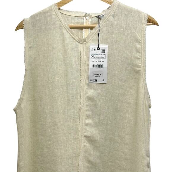 NWT ZARA 100% Linen Minimalist Sleeveless Shift Natural Vanilla  Midi Dress - Picture 4 of 14